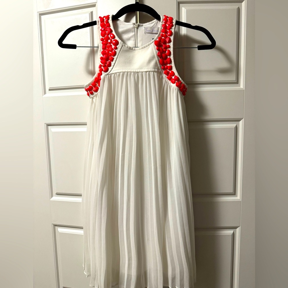 Love Bonito pleated white dress with red beads